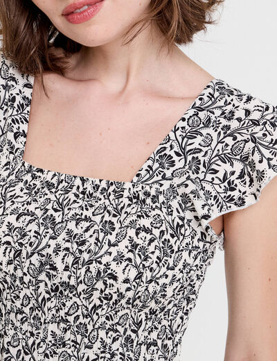 Robe longue évasée smockée blanc femme