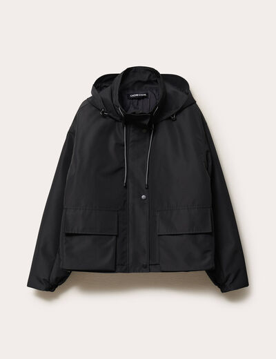 Veste courte bas resserré à capuche noir femme