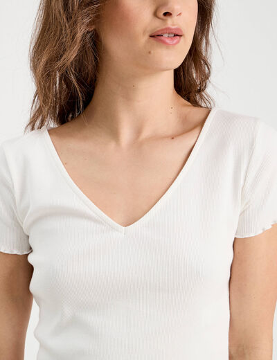 T-shirt côtelé manches courtes blanc femme