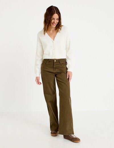 Gilet court ajust&eacute; col v manches longues ecru femme