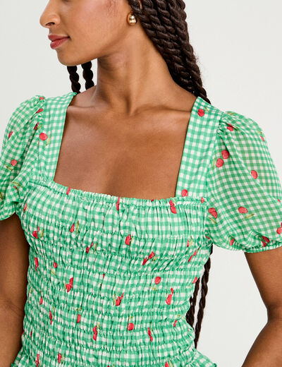 Blouse manches courtes smockée rouge femme