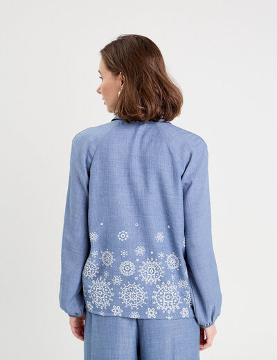 Blouse manches longues brodée bleu femme