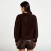 Gilet bouclette col rond manches longues marron fonc&eacute; femme