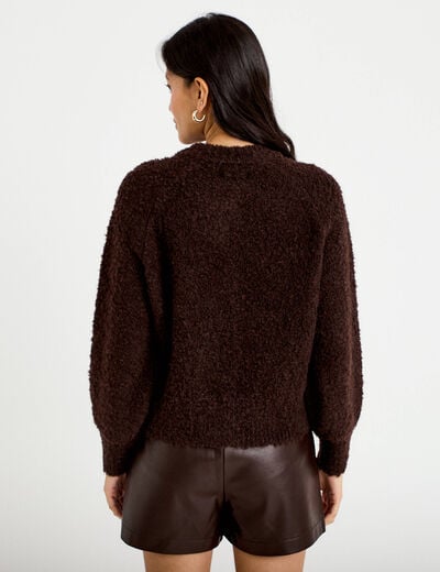 Gilet bouclette col rond manches longues marron fonc&eacute; femme