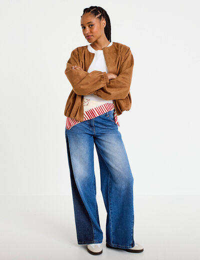 Veste oversize effet boule aspect daim camel femme