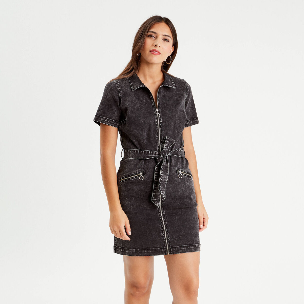 Robe droite en jean zippée denim noir femme