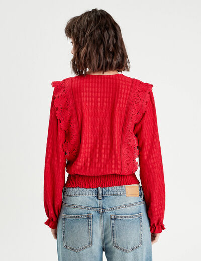 Blouse manches longues smockée rouge femme
