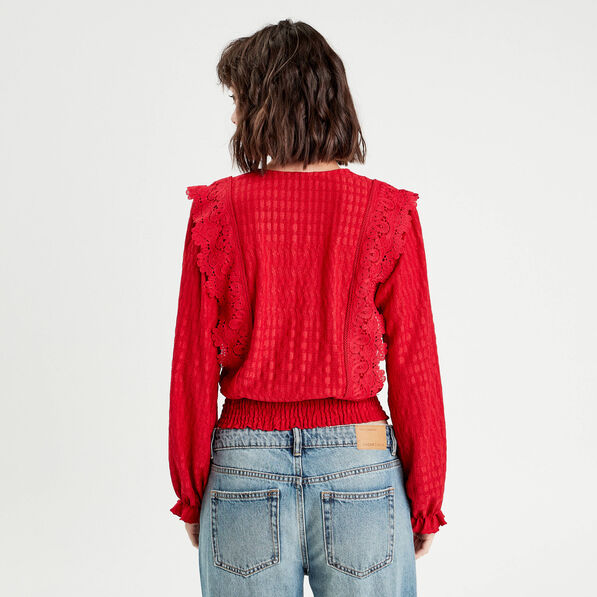 Blouse manches longues smockée rouge femme