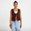 Gilet ajust&eacute; court sans manches col v marron fonc&eacute; femme