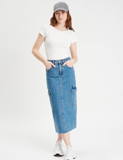 T-shirt manches courtes côtelé ecru femme