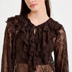 Blouse dentelle manches longues marron fonc&eacute; femme
