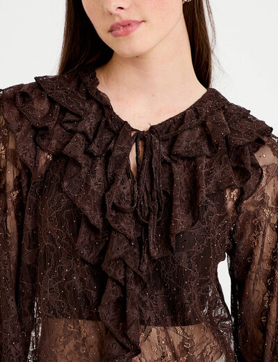 Blouse dentelle manches longues marron fonc&eacute; femme