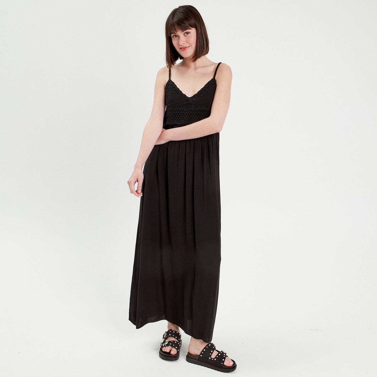 Robe longue évasée noir femme