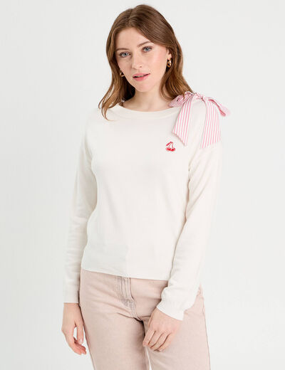 Pull avec noeud épaule ecru femme