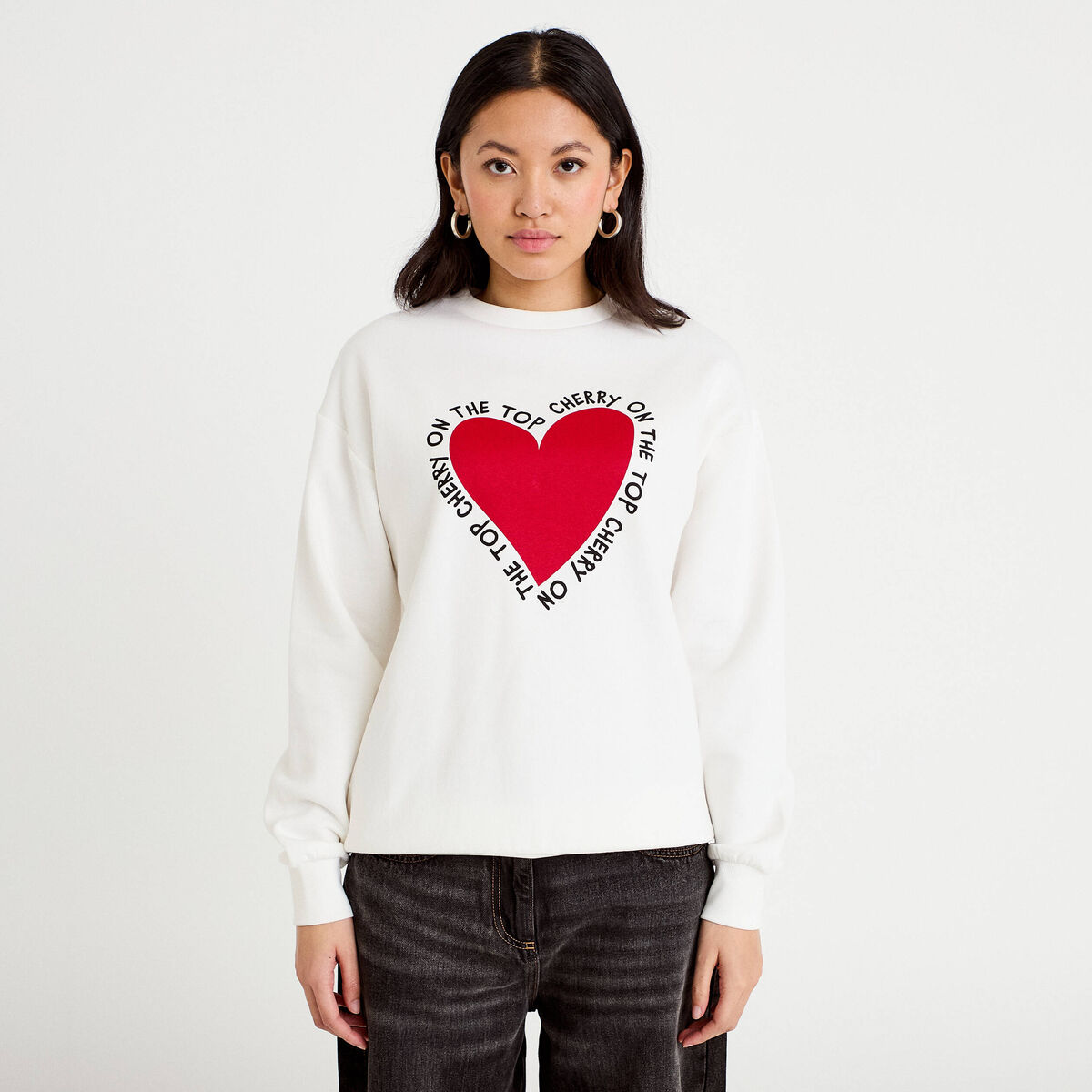 Sweat oversize long col rond ecru femme