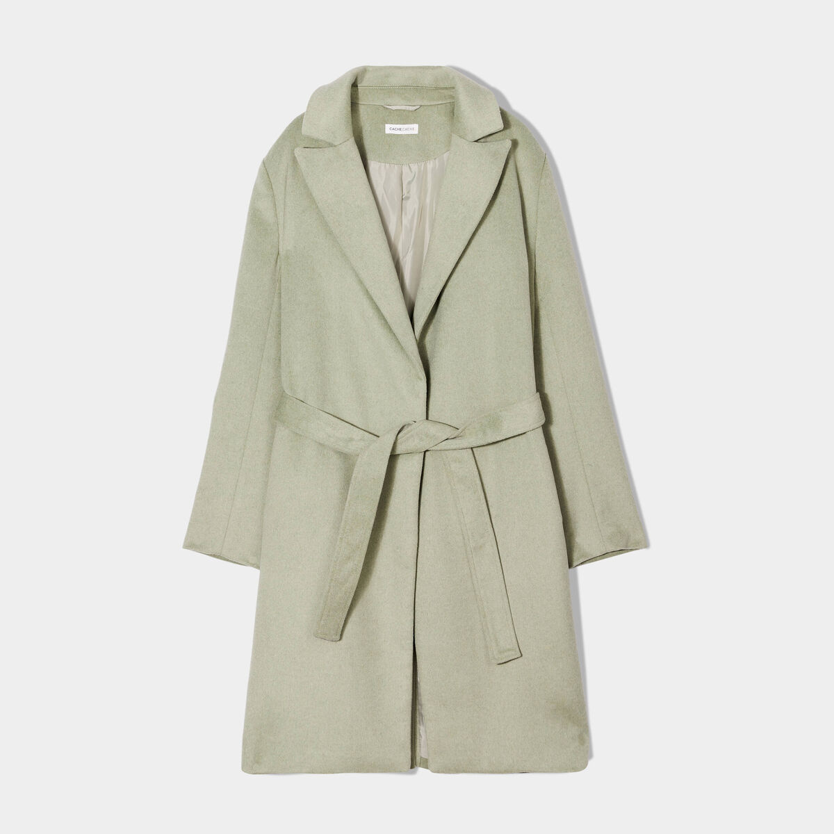 Manteau long droit ceintur&eacute; vert kaki femme
