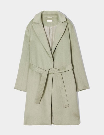 Manteau long droit ceinturé vert kaki femme