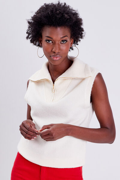 Pull débardeur avec col zippé ecru femme