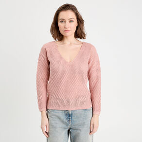 Pull ajouré manches longues rose pastel femme
