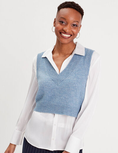 Pull sans manches col en V bleu pastel femme