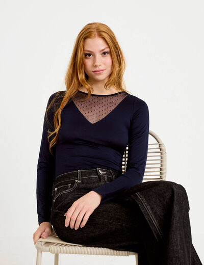 Body thermique col rond manches longues bleu marine femme