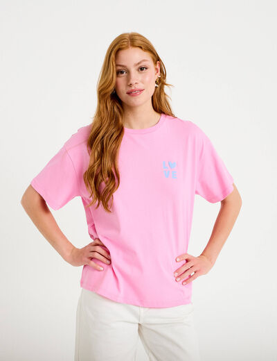T-shirt droit col rond manches courtes rose corail femme