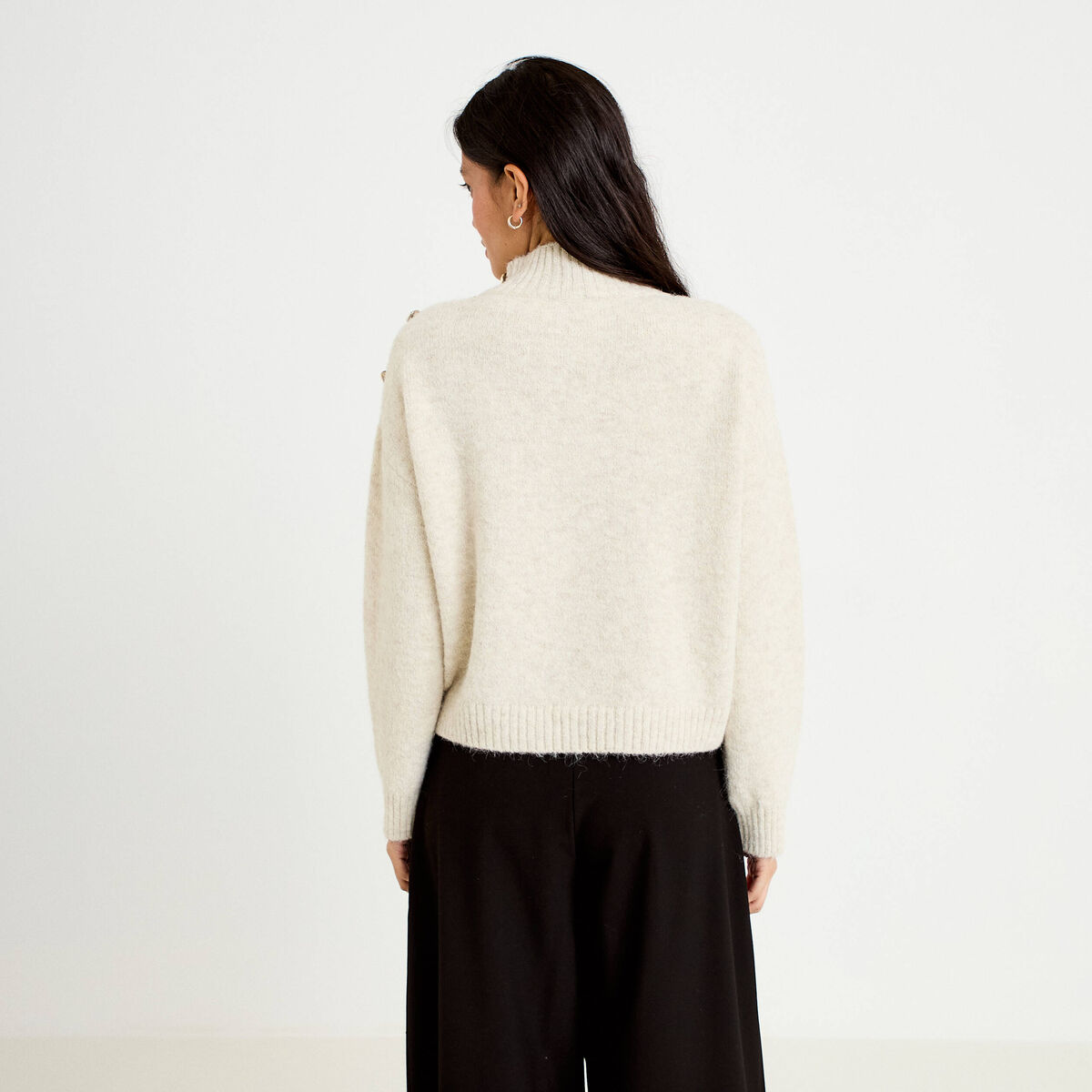 Pull col montant manches longues ivoire femme