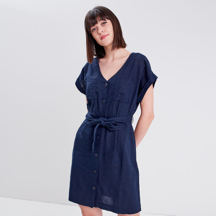 Robe droite ceinturée bleu marine femme