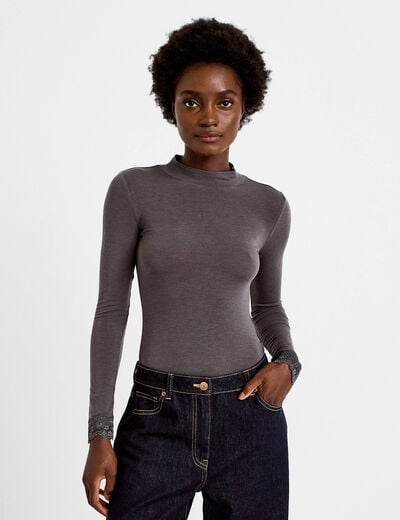 T-shirt ajust&eacute; col roul&eacute; dentelle gris fonc&eacute; femme