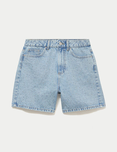 Short mom taille haute en jean strass denim triple stone femme