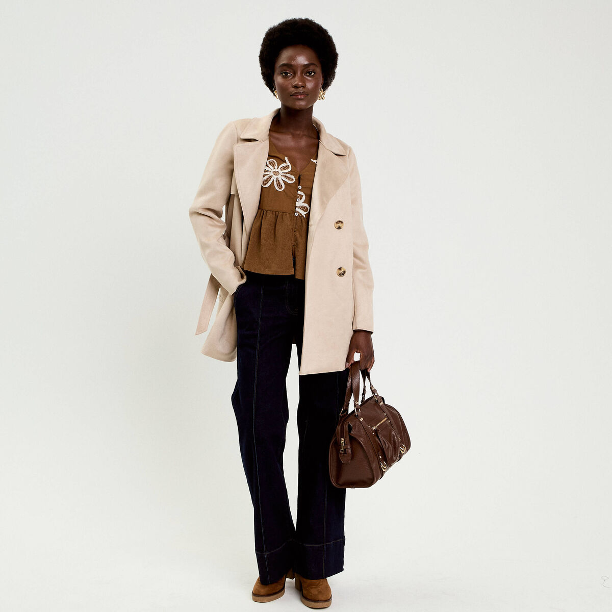Blouse brod&eacute;e marron fonc&eacute; femme
