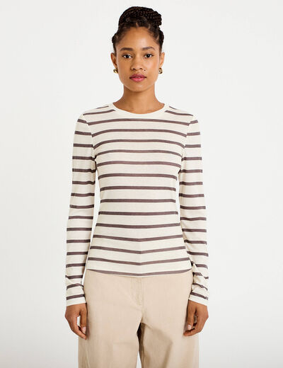 T-shirt ajust&eacute; col rond manches longues ivoire femme