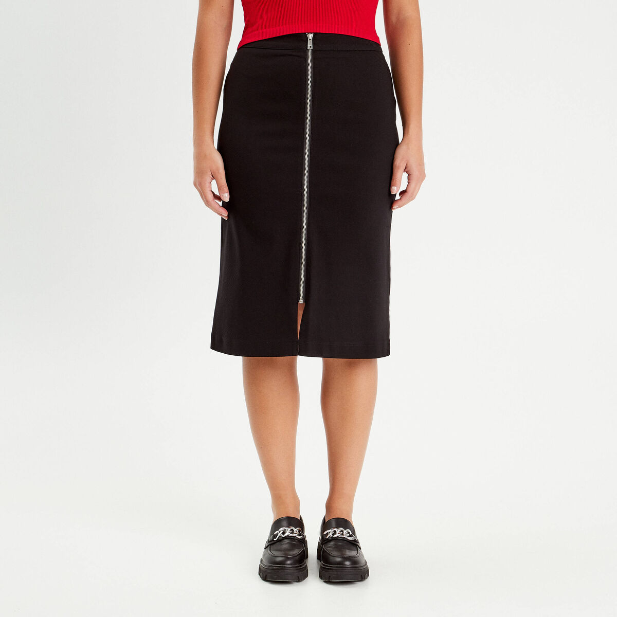 Jupe midi droite zippée noir femme