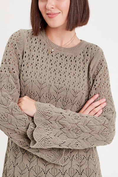Robe pull droite crochet vert kaki femme