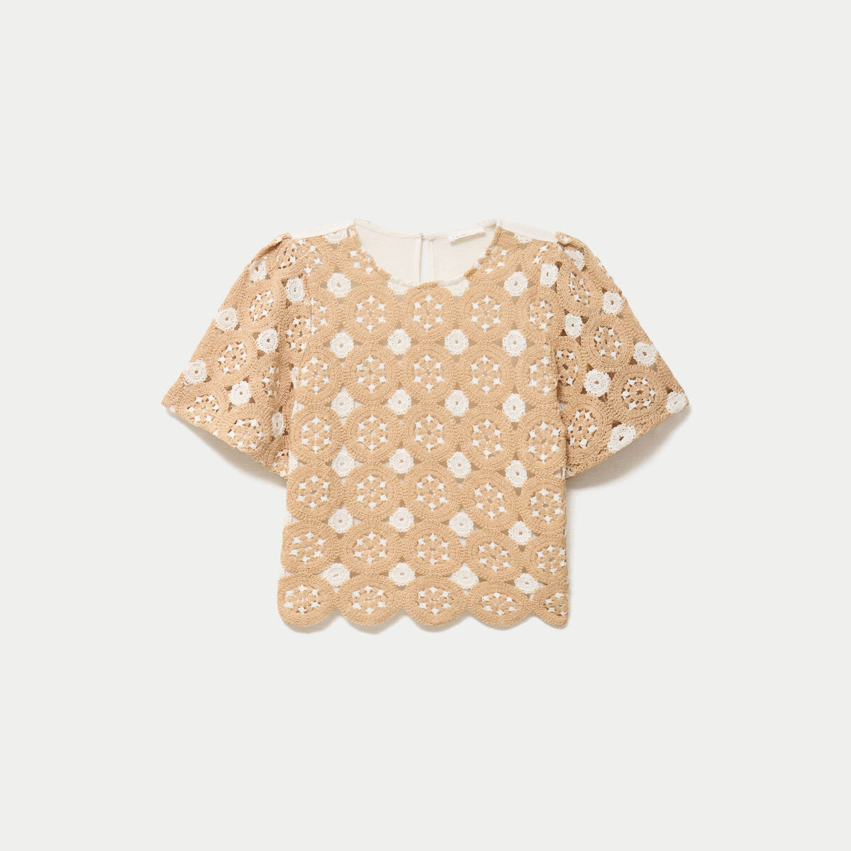 T-shirt manches courtes aspect dentelle sable femme