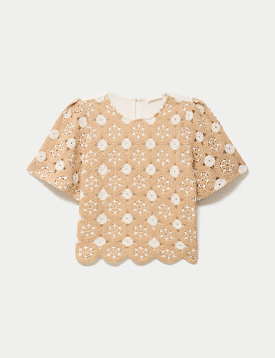 T-shirt manches courtes aspect dentelle sable femme