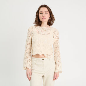 Pull ajouré effet crochet ecru femme