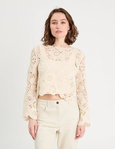 Pull ajouré effet crochet ecru femme