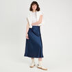 Jupe longue trapèze satin bleu marine femme