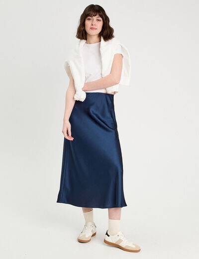 Jupe longue trapèze satin bleu marine femme