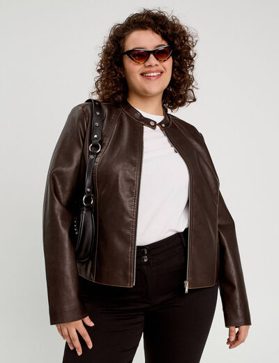 Veste ajustée simili cuir marron foncé femme
