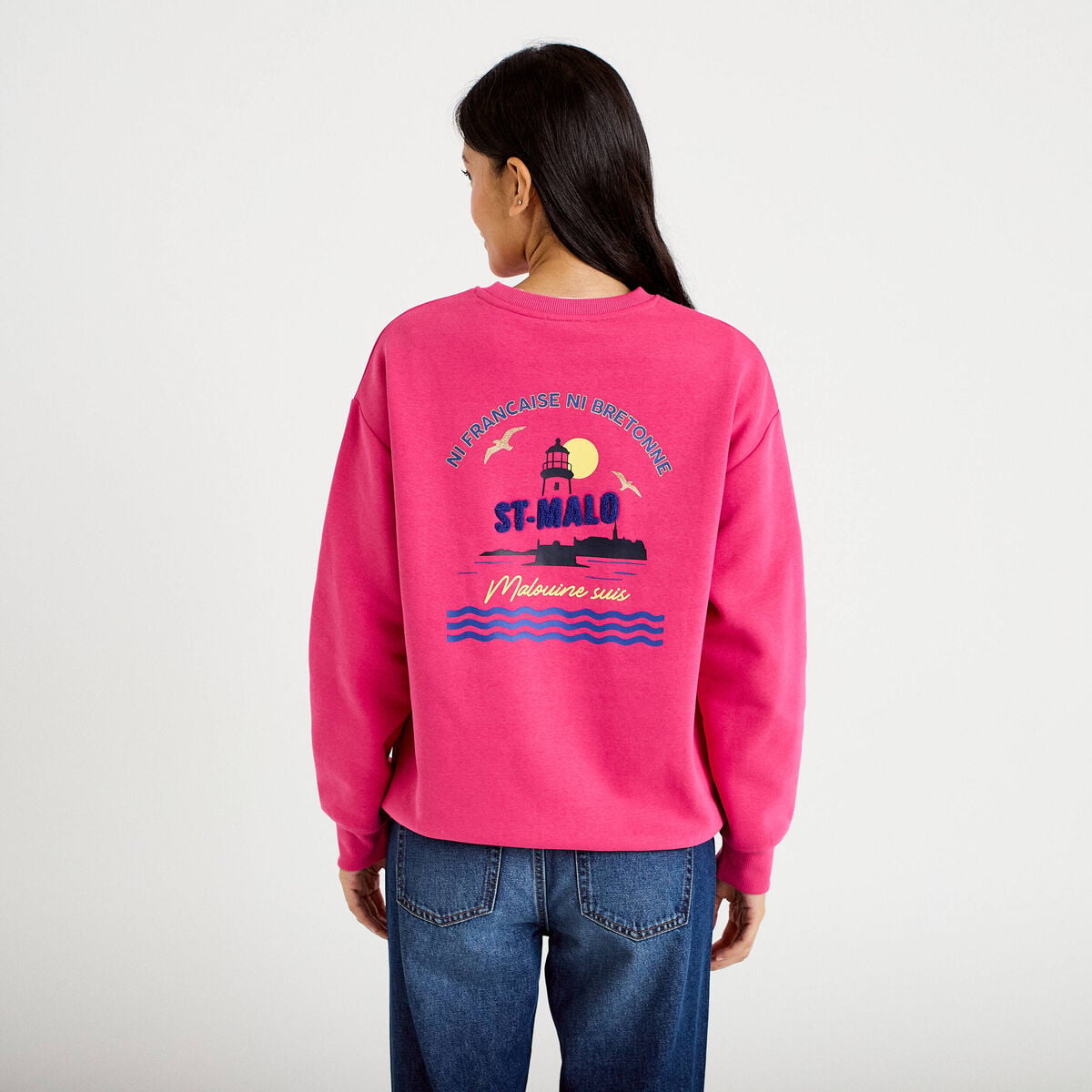 Sweat col rond manches longues rose fushia femme