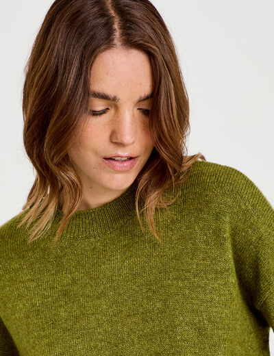 Pull col rond manches longues vert fonc&eacute; femme