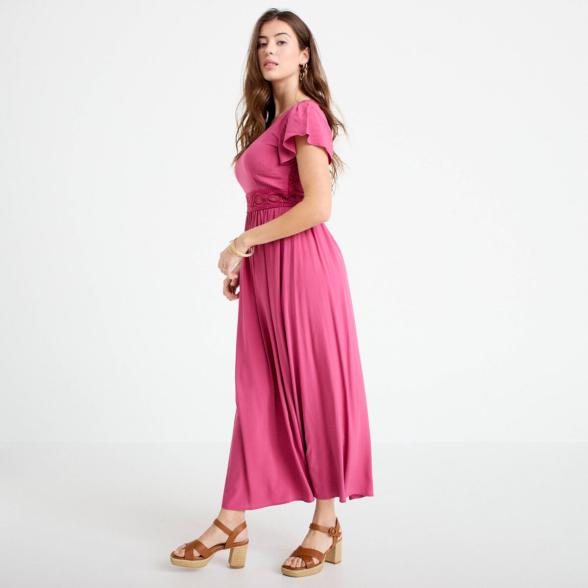 Robe longue &eacute;vas&eacute;e prune femme