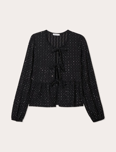 Blouse nou&eacute;e strass noir femme