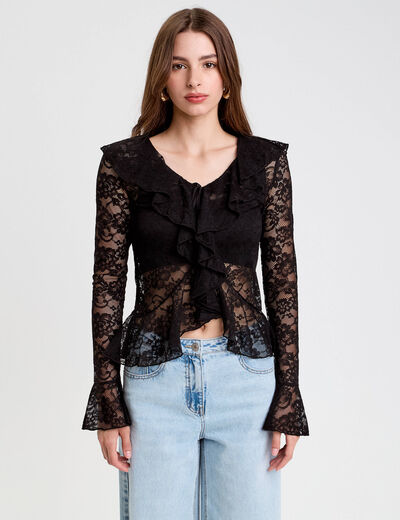 Blouse ajustée col V dentelle noir femme
