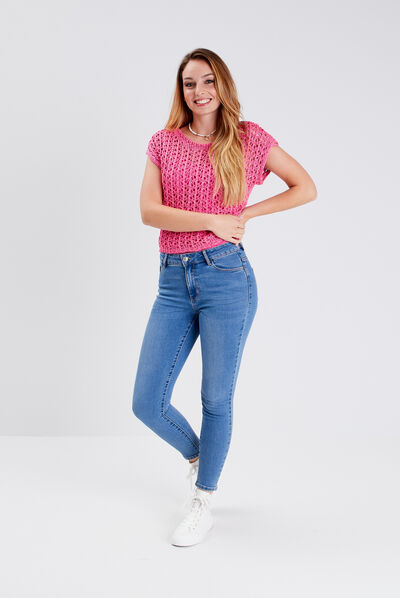 Pull manches courtes ajouré rose fluo femme