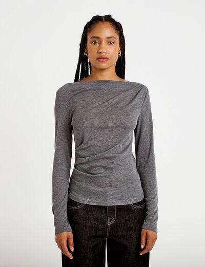 T-shirt col b&eacute;nitier manches longues gris fonc&eacute; femme