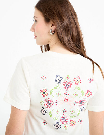 T-shirt col rond manches courtes ecru femme