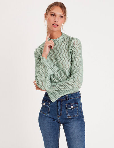 T-shirt ajouré col montant vert pastel femme